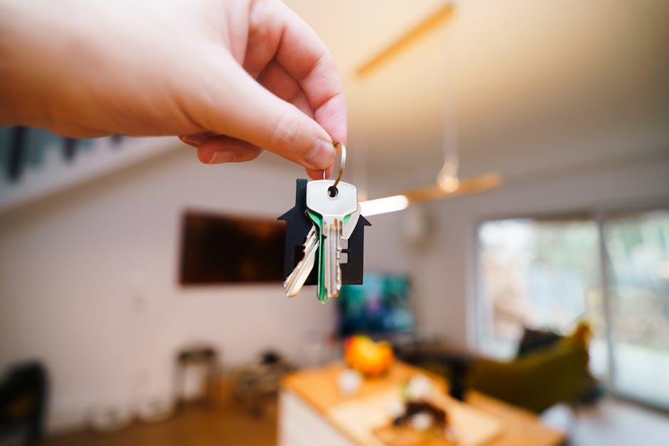 A close-up image of a person's hand holding a keyring with a set of keys, including a traditional metal key and a plastic key with a black fob. The background shows a modern living room with a blurred view of furnishings such as a flat-screen TV mounted on the wall, a sofa, a wooden coffee table, and large sliding glass doors leading outside. The indoors is well-lit with natural light, creating a bright and inviting atmosphere. This scene reflects the process of home relocation or moving, related to house removals and packing as part of the furniture transport and moving logistics services offered by Man with Van Tolworth, especially relevant to relocating within or to the KT5 area.